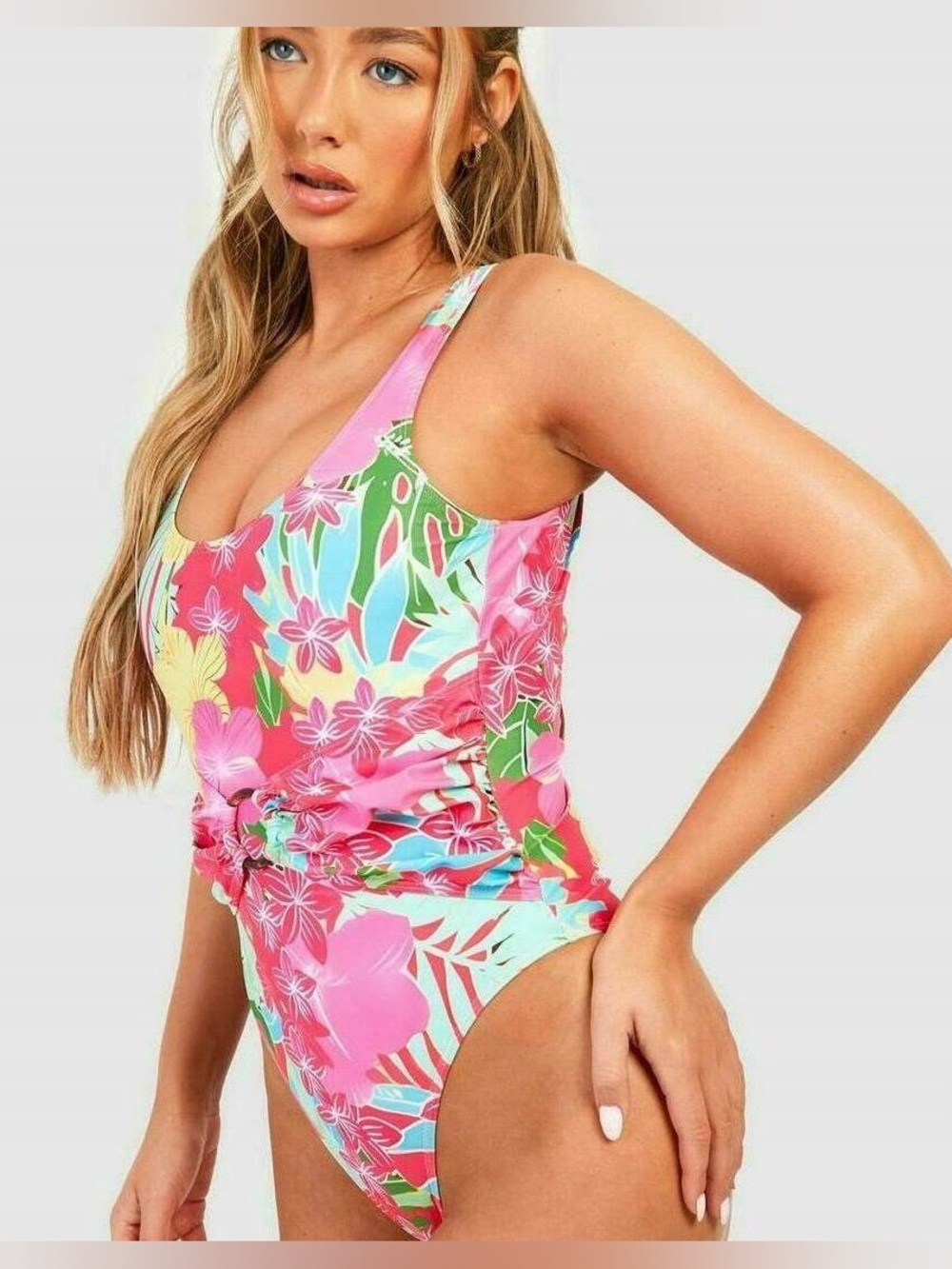 Boohoo Tropical Tummy Control O-Ring Scoop One Piece Swimsuit